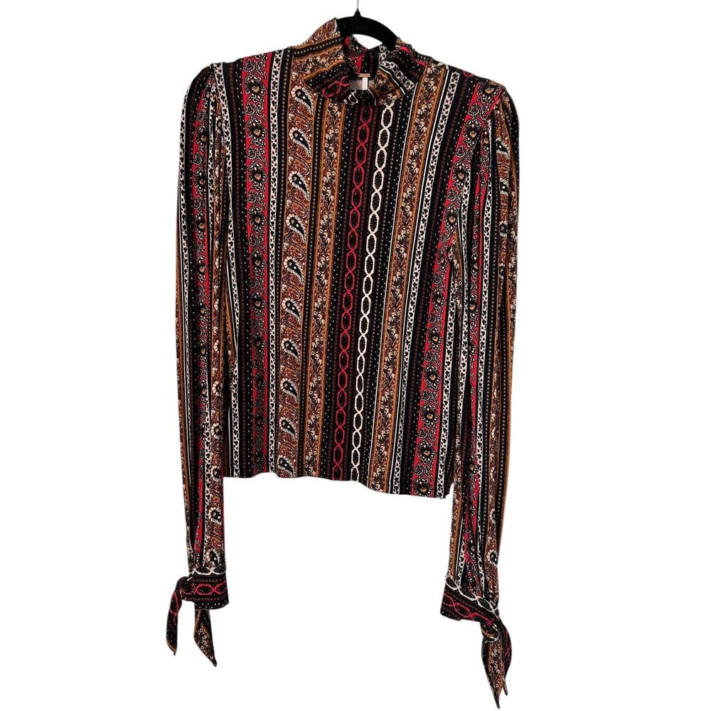 Free People Donatella Turtleneck Shirt Small Brown Multi Paisley Long Sleeve Top